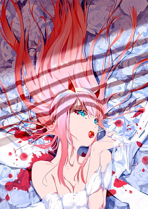 Zero Two Anime Character Lying on Floral Bed with Red Hair and Blue Eyes HD phone wallpaper