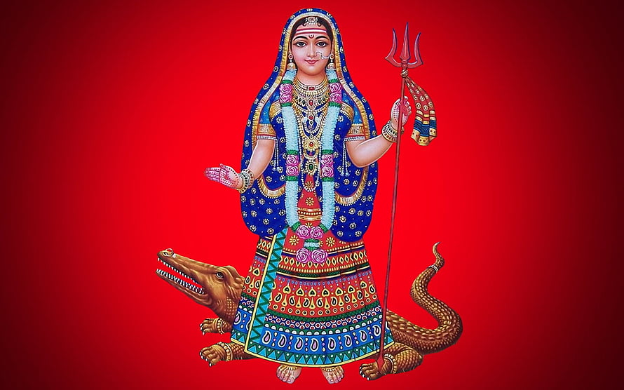 Goddess Mahishasuramardini Durga Standing on Crocodile with Trishul HD wallpaper