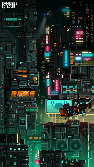 Pixel Art Cyberpunk Cityscape with Neon Lights and Flying Vehicles HD phone wallpaper