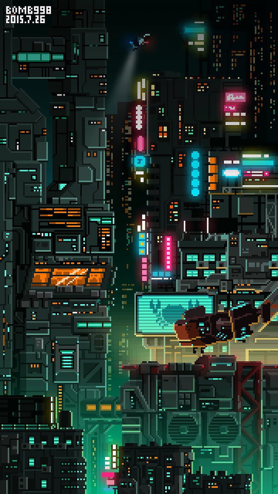 Pixel Art Cyberpunk Cityscape with Neon Lights and Flying Vehicles HD phone wallpaper