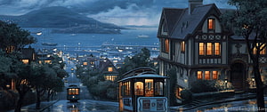 Coastal Town at Dusk with Vintage Cable Cars and Warmly Lit Victorian Homes HD wallpaper