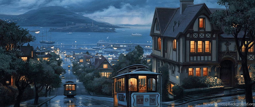 Coastal Town at Dusk with Vintage Cable Cars and Warmly Lit Victorian Homes HD wallpaper