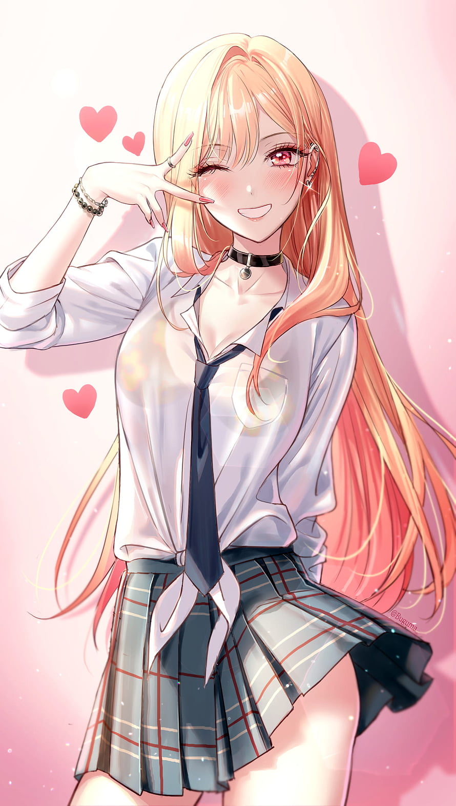 Kitagawa Marin Anime Girl in School Uniform with Peace Sign and Hearts HD phone wallpaper