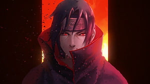 Itachi Uchiha in Akatsuki Cloak with Sharingan Eyes Against Fiery Red Background HD wallpaper