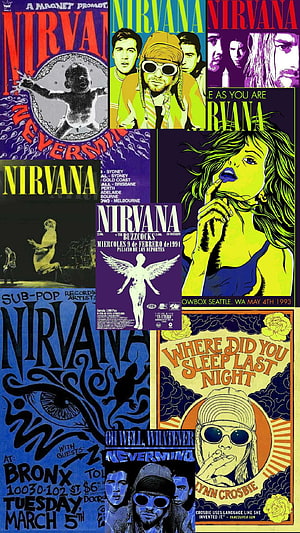 Nirvana Concert Poster Collage Featuring Kurt Cobain and Classic Band Artwork HD phone wallpaper