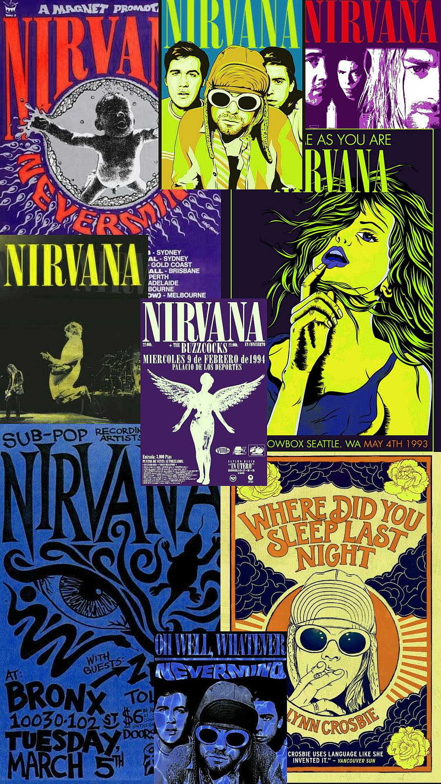 Nirvana Concert Poster Collage Featuring Kurt Cobain and Classic Band Artwork HD phone wallpaper