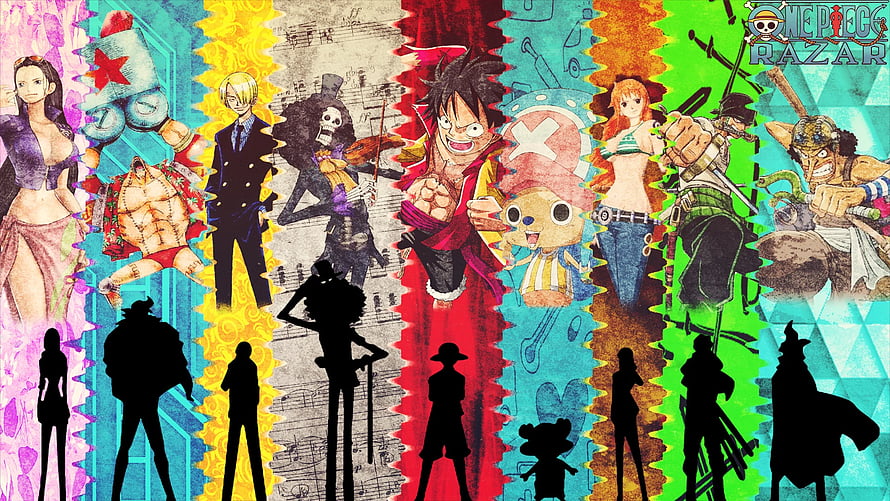 One Piece Straw Hat Crew Character Lineup with Silhouettes and Vibrant Backgrounds HD wallpaper