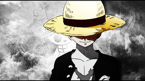 Monkey D. Luffy in Straw Hat with Scarred Face Against Grayscale Background HD wallpaper