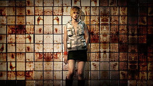 Heather from Silent Hill 3 standing before a stained tiled wall in a dark industrial setting HD wallpaper