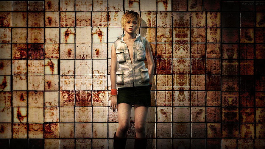 Heather from Silent Hill 3 standing before a stained tiled wall in a dark industrial setting HD wallpaper