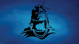 Stylized Blue Silhouette of Lord Shiva with Crescent Moon and Rudraksha HD wallpaper
