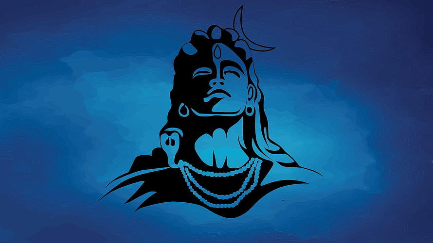 Stylized Blue Silhouette of Lord Shiva with Crescent Moon and Rudraksha HD wallpaper