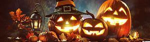 Spooky Halloween Jack-o'-Lanterns with Witch Hat and Lantern HD wallpaper