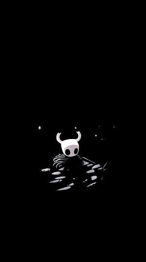 Hollow Knight Horned Husk Character in Dark Void with Floating Particles HD phone wallpaper
