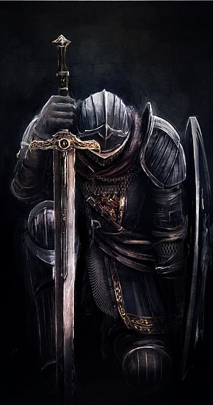 Dark Fantasy Knight in Heavy Armor Kneeling with Sword and Shield HD phone wallpaper