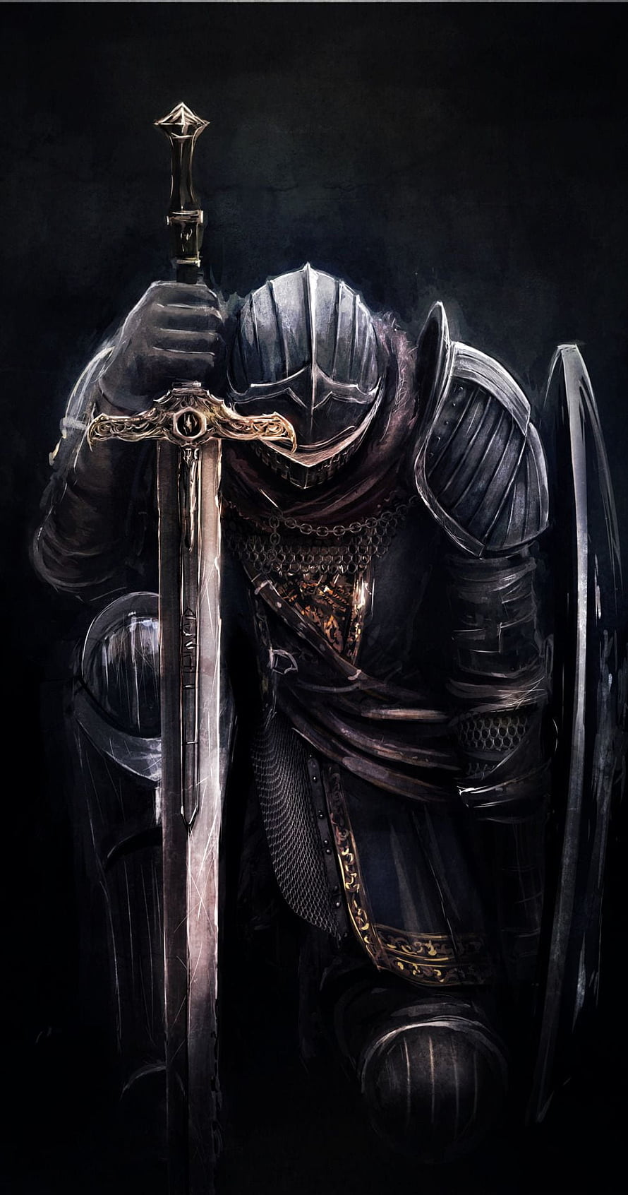 Dark Fantasy Knight in Heavy Armor Kneeling with Sword and Shield HD phone wallpaper