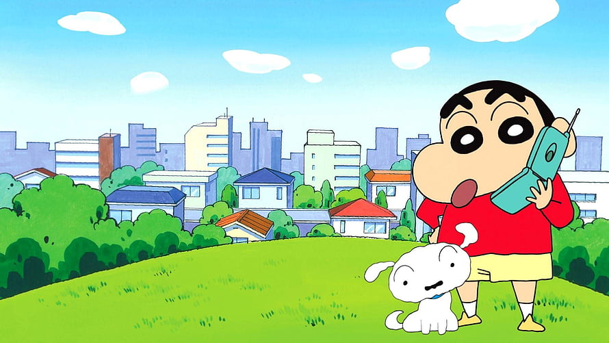 Crayon Shin-chan and Shiro on a grassy hill with city skyline background HD wallpaper
