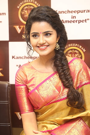 Anupama Parameswaran in a pink and gold silk saree with a long braid HD phone wallpaper
