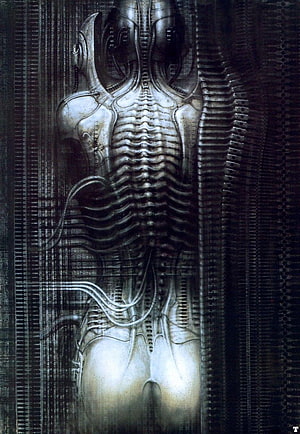 H.R. Giger Biomechanical Sculpture with Ribcage and Metallic Organic Forms HD phone wallpaper