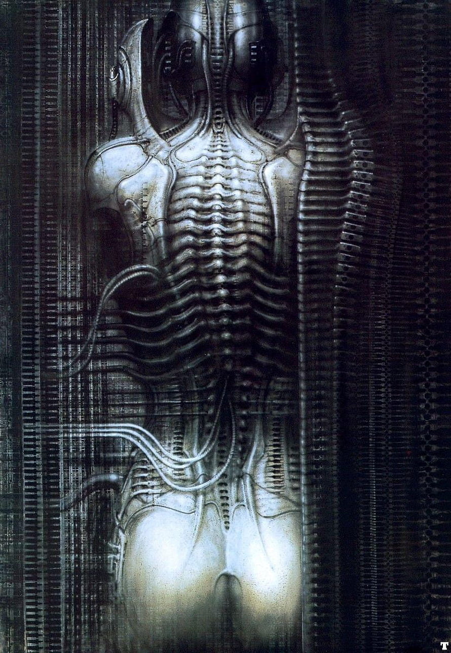 H.R. Giger Biomechanical Sculpture with Ribcage and Metallic Organic Forms HD phone wallpaper