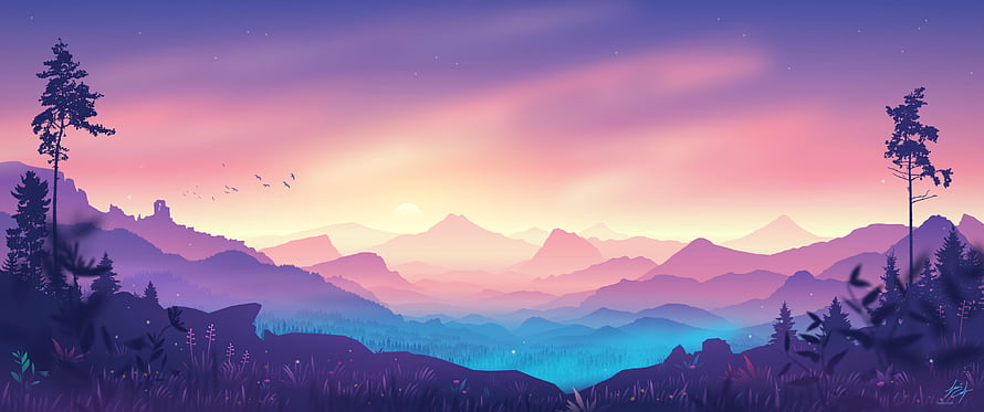 Serene Mountain Valley at Sunset with Pine Trees and Misty Layers HD wallpaper