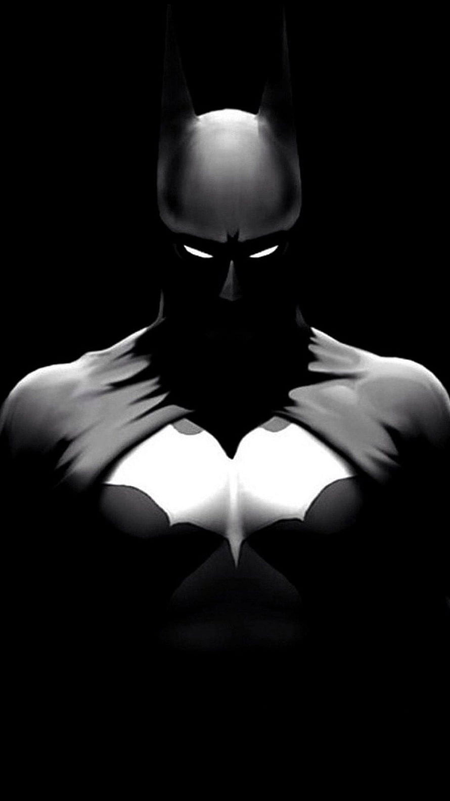 Dark Batman Silhouette with Glowing Eyes and Chest Emblem on Black Background, Samsung Galaxy A8 : Dark Batman Android, black amoled batman HD phone wallpaper