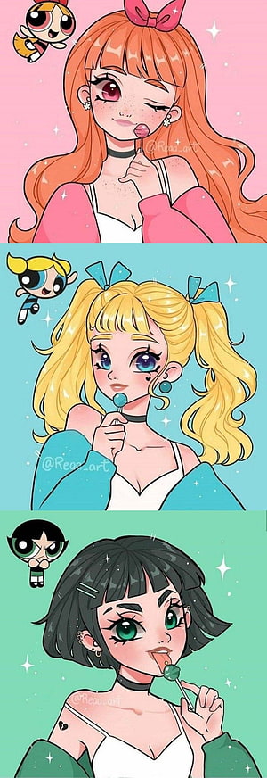 Powerpuff Girls Reimagined as Modern Anime Girls with Lollipops HD phone wallpaper