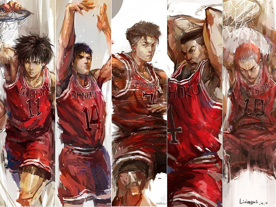 Slam Dunk Anime Basketball Team Artwork in Red Shohoku and Hokujo Uniforms HD wallpaper