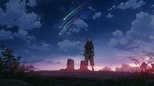 Dr. Stone Anime Scene: Character Watching Colorful Shooting Stars at Twilight HD wallpaper