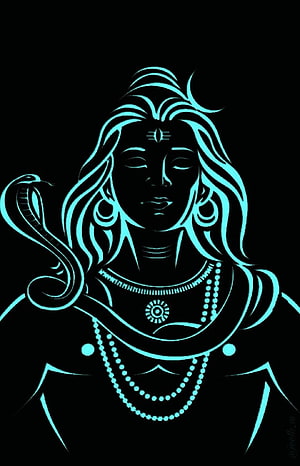 Neon Cyan Lord Shiva Vector Art With Cobra And Rudraksha Beads On Black Background HD phone wallpaper