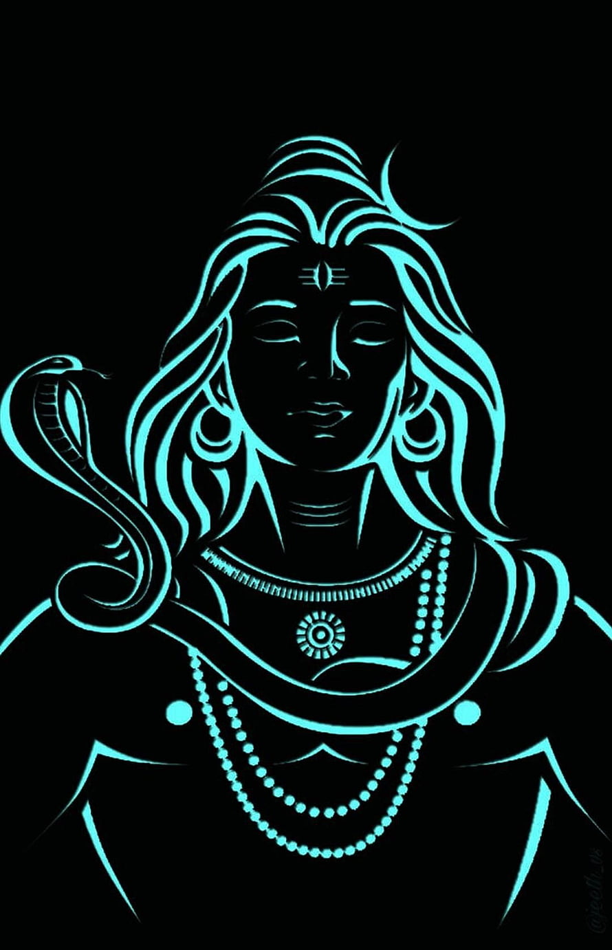 Neon Cyan Lord Shiva Vector Art With Cobra And Rudraksha Beads On Black Background HD phone wallpaper