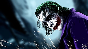 The Joker in Purple Suit with Green Hair and White Face Paint in Dark Cinematic Style HD wallpaper