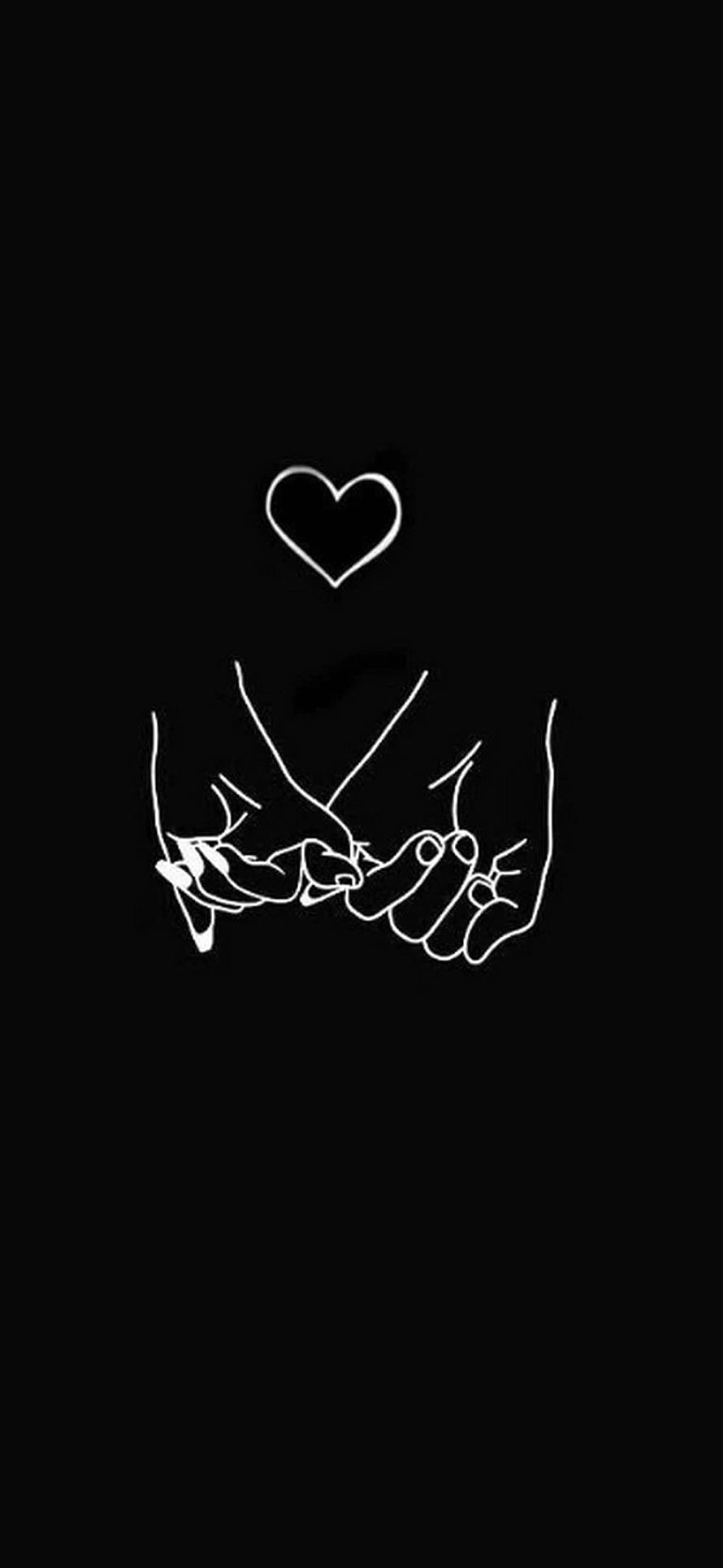 Minimalist White Line Art of Holding Hands with Heart on Black Background HD phone wallpaper