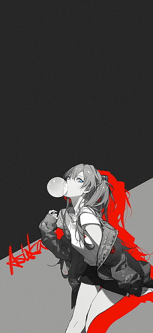 Anime Girl Blowing Bubblegum With Red Graffiti Background HD phone wallpaper