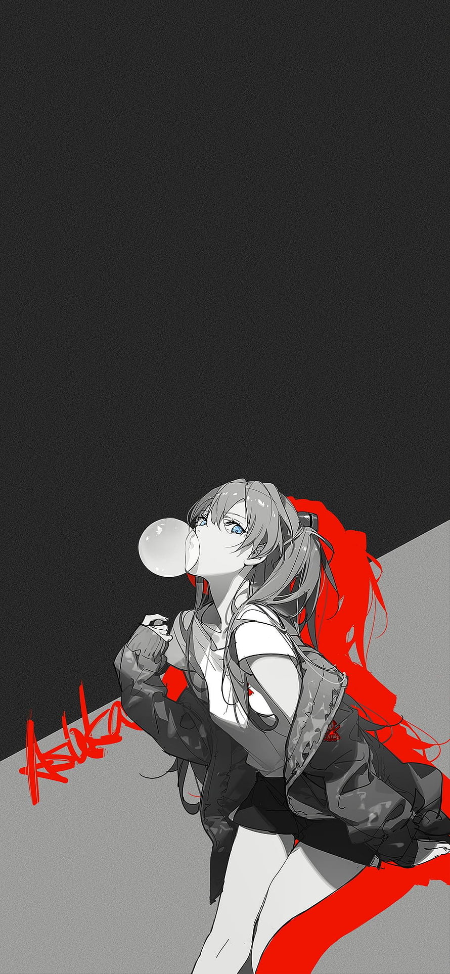 Anime Girl Blowing Bubblegum With Red Graffiti Background HD phone wallpaper