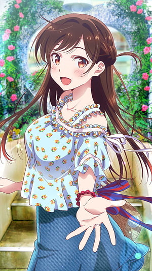 Chizuru Mizuhara in a floral off-shoulder top standing in a rose garden HD phone wallpaper