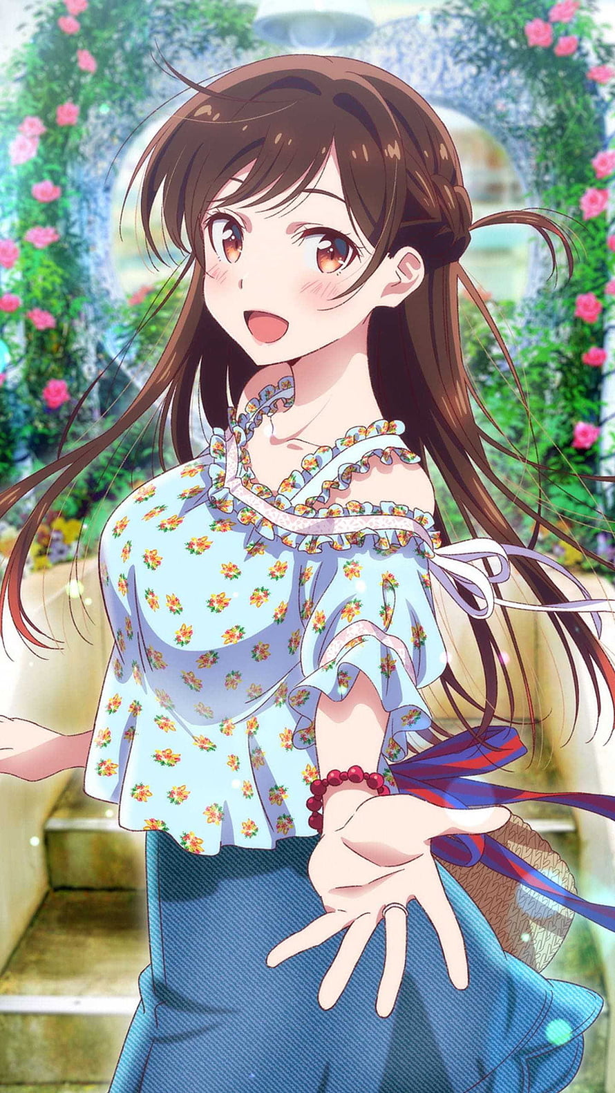 Chizuru Mizuhara in a floral off-shoulder top standing in a rose garden HD phone wallpaper