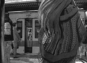 Black and white manga illustration of a girl with long hair and patterned scarf waiting at a train station platform, Oyasumi Punpun HD wallpaper