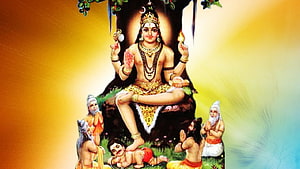 Dakshinamurthy seated in meditation with disciples and sages in traditional Indian art HD wallpaper