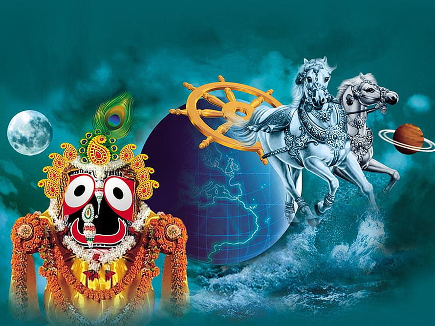 Lord Jagannath with Cosmic Globe, White Horses, and Celestial Bodies HD wallpaper