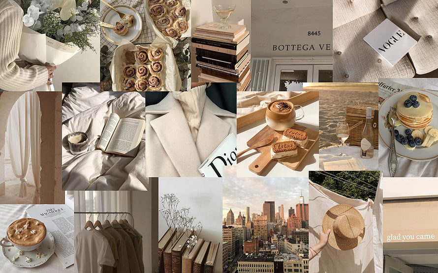 Beige Aesthetic Mood Board Featuring Coffee, Books, Fashion, and Cityscapes HD wallpaper