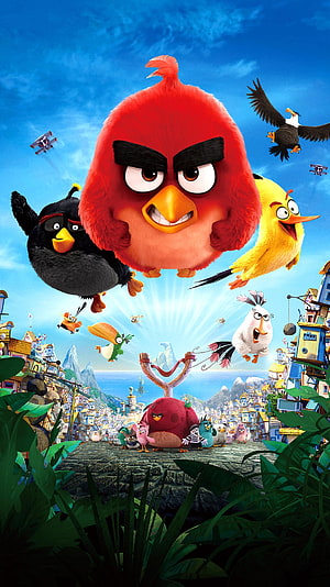 The Angry Birds Movie 3D Animated Poster Featuring Red, Chuck, Bomb, and Matilda Flying Over a Colorful Village HD phone wallpaper