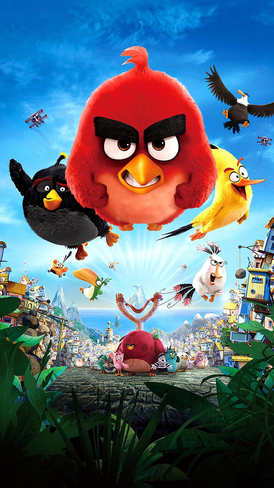 The Angry Birds Movie 3D Animated Poster Featuring Red, Chuck, Bomb, and Matilda Flying Over a Colorful Village HD phone wallpaper