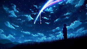 Your Name Anime Scene: Silhouette Watching a Meteor Streak Across a Starry Night Sky HD wallpaper