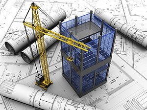 3D architectural model of a glass skyscraper and yellow crane on blueprints HD wallpaper