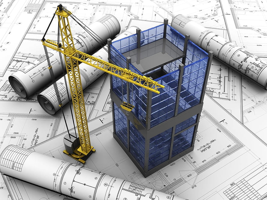 3D architectural model of a glass skyscraper and yellow crane on blueprints HD wallpaper