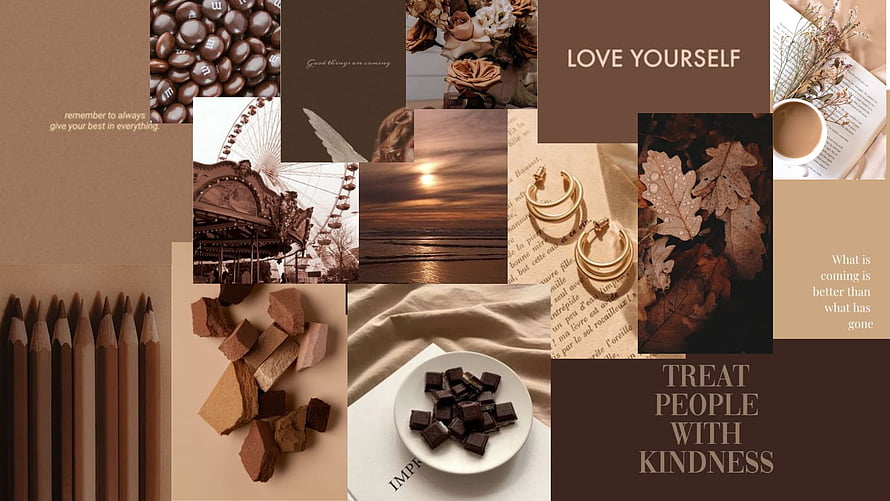 Warm Brown Aesthetic Mood Board Collage With Inspirational Quotes, Chocolate, And Autumn Leaves HD wallpaper