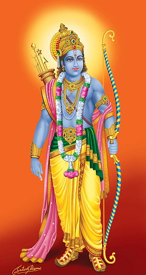 Lord Rama Digital Art with Bow and Arrows on Orange Background HD phone wallpaper