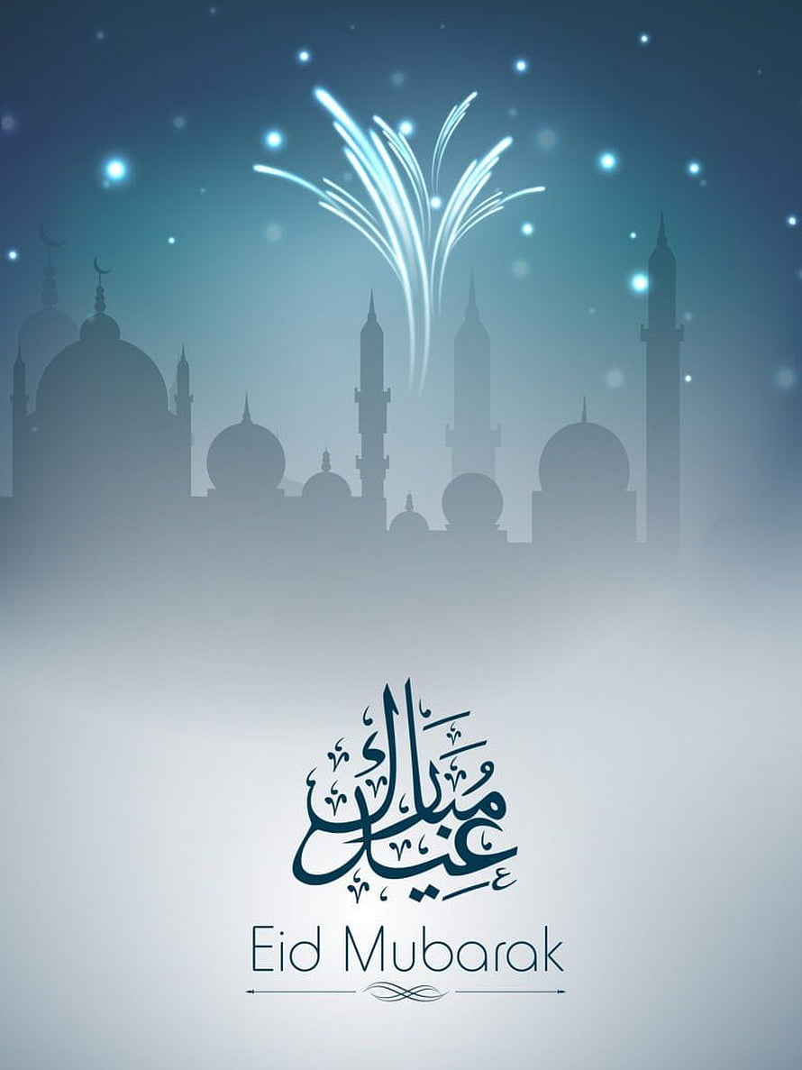 Eid Mubarak Greeting Card with Mosque Silhouette and Fireworks in a Serene Night Sky HD phone wallpaper