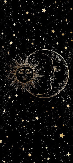 Gold Sun and Moon Line Art on Black Starry Night Background HD phone wallpaper